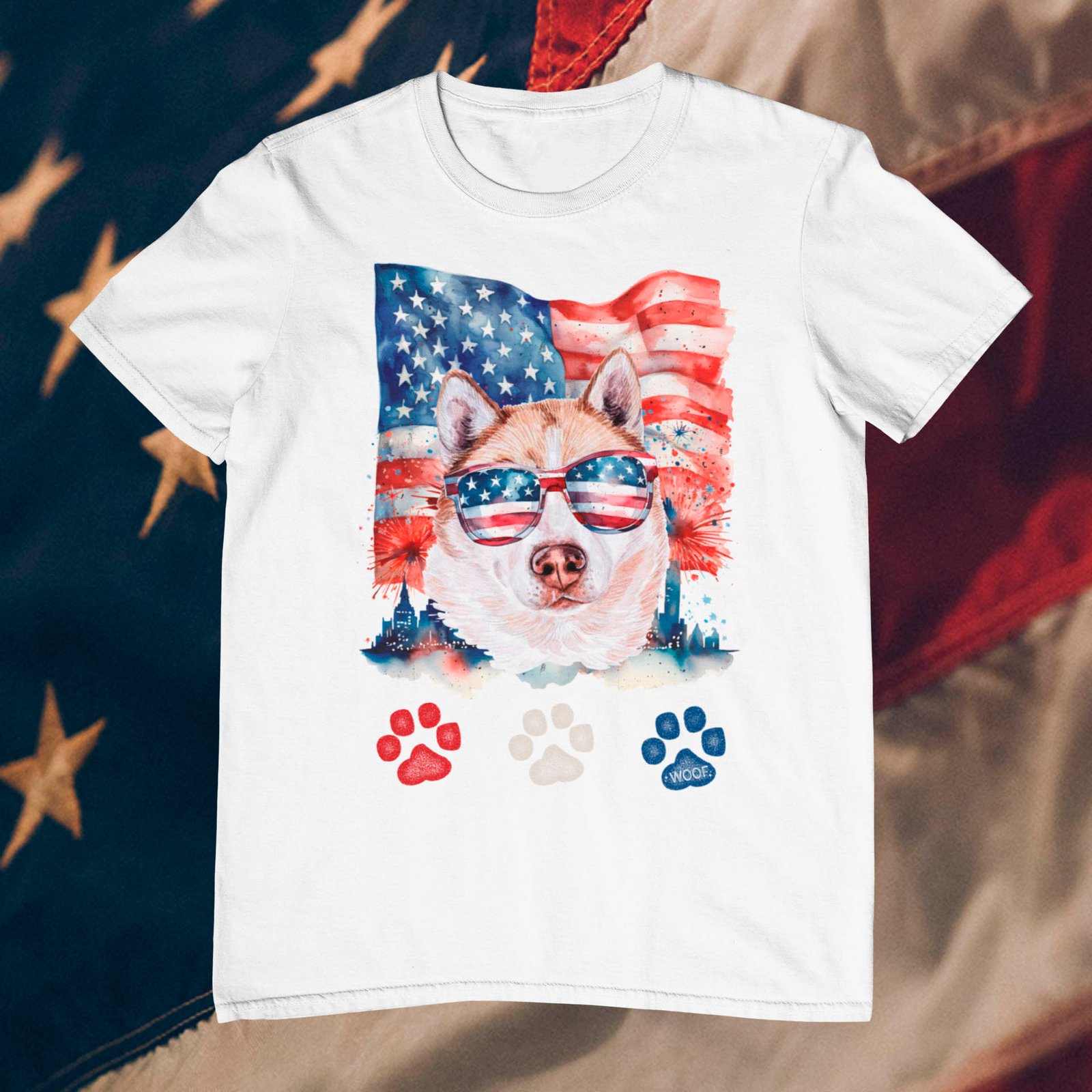 Red White Blue Cream Siberian Husky 4th of July T-Shirt