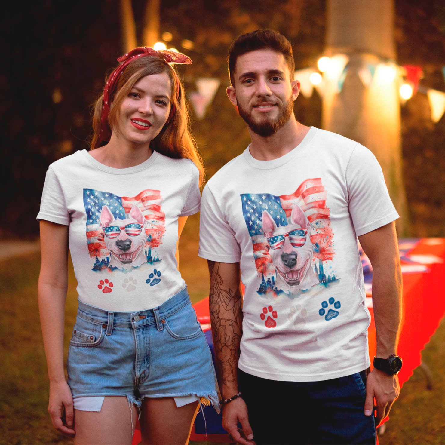 Red White and Blue Bull Terrier Dog American 4th of July T-Shirt