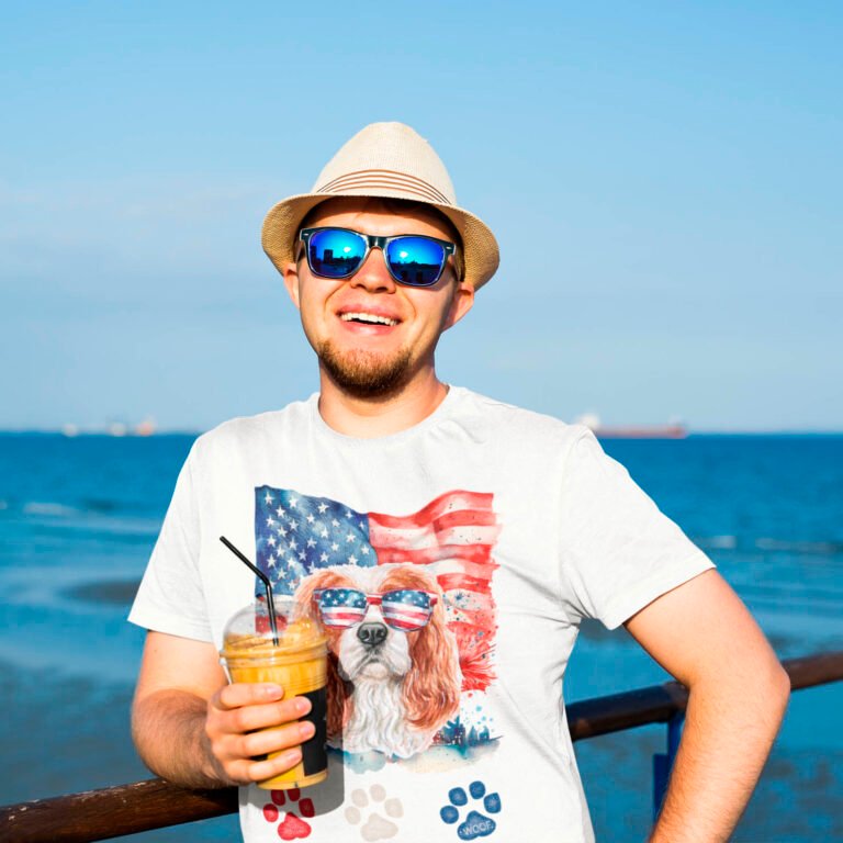 Red White and Blue Cavalier Spaniel Dog Woof 4th of July T-Shirt