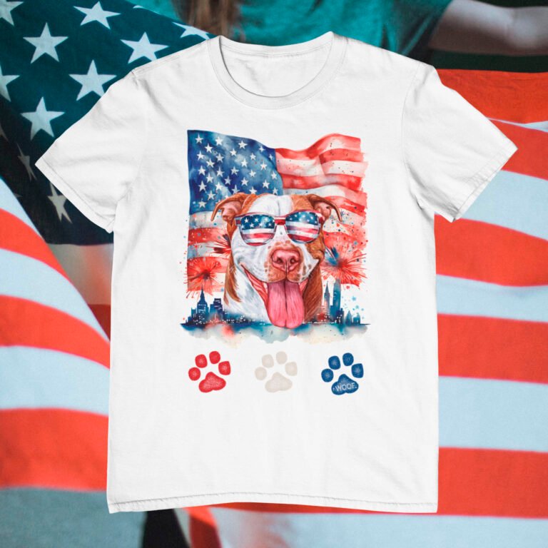 Red White and Blue Cream Pitbull Dog 4th of July T-Shirt