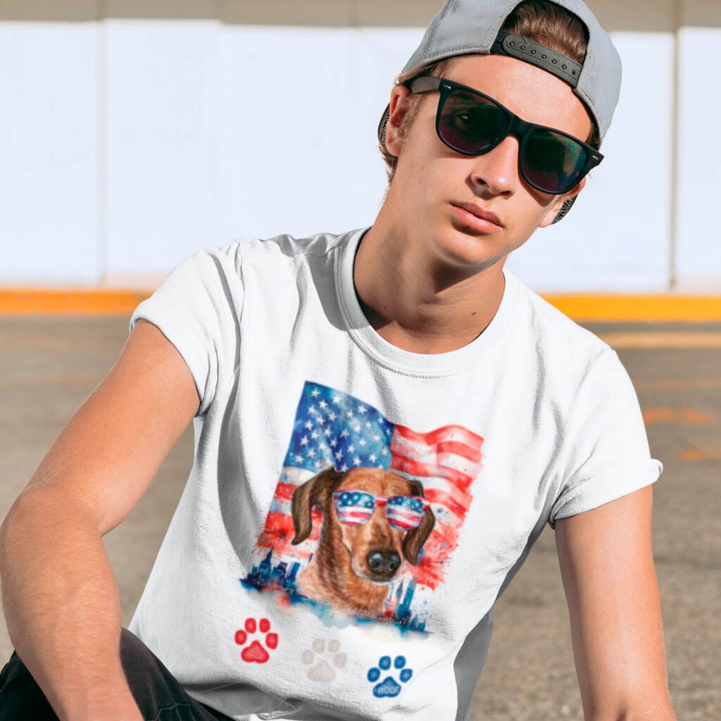 Red White and Blue Cute Dachshund Dog 4th of July T-Shirt