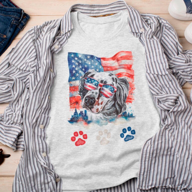 Red White and Blue English Setter Dog 4th of July T-Shirt