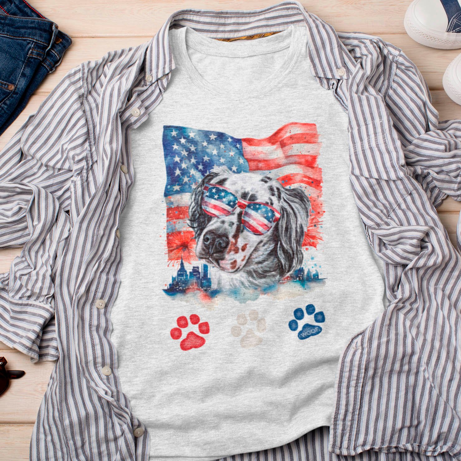 Red White and Blue English Setter Dog 4th of July T-Shirt