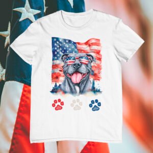 Red White and Blue Gray Pitbull Dog 4th of July T-Shirt