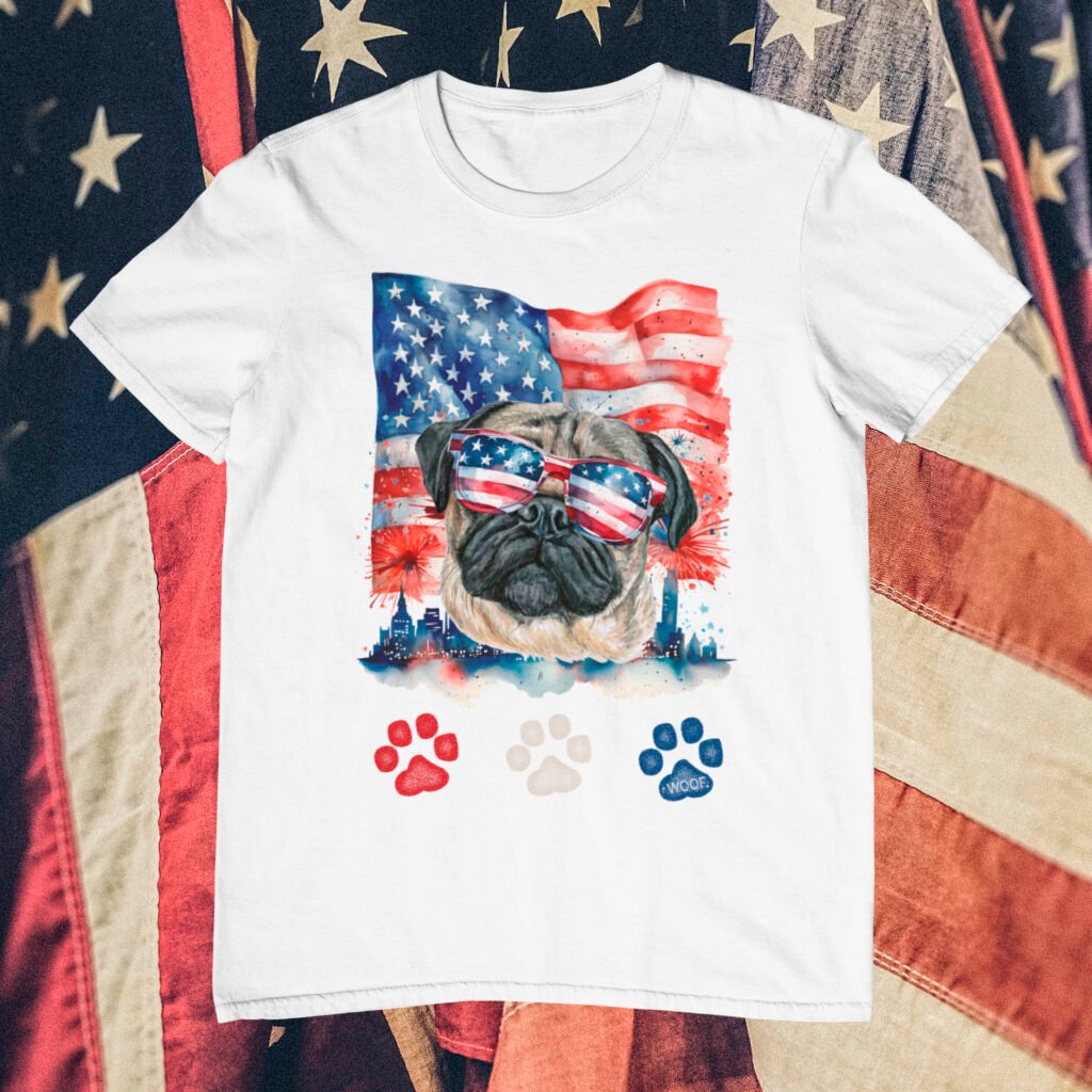 Red White and Blue Pug Dog 4th of July T-Shirt