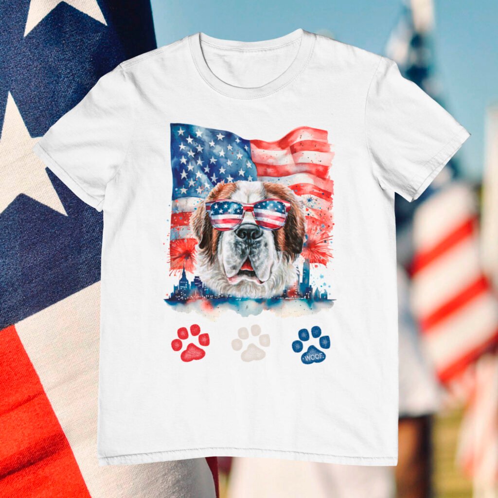 Red White and Blue Saint Bernard Dog 4th of July T-Shirt