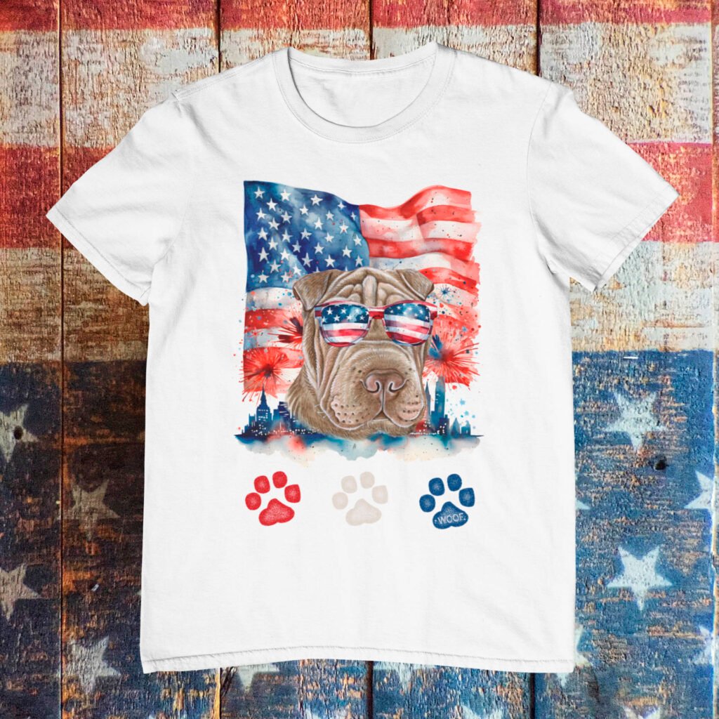 Red White and Blue Shar Pei Dog Pet 4th of July T-Shirt