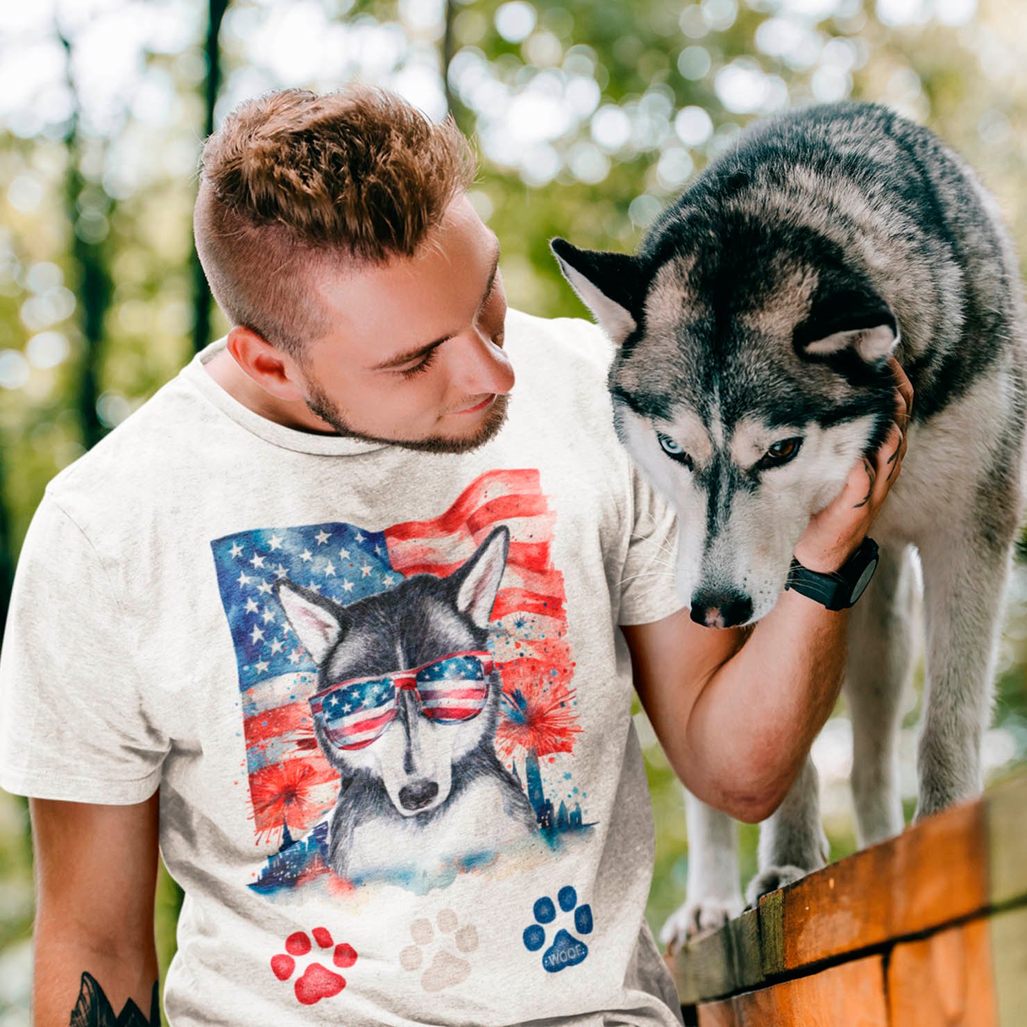 Red White and Blue Siberian Husky Dog 4th of July T-Shirt