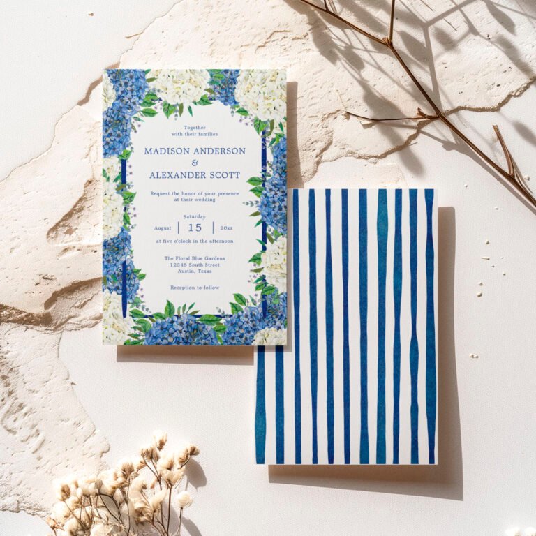 Blue Stripes White Hydrangeas Wedding Invitation
