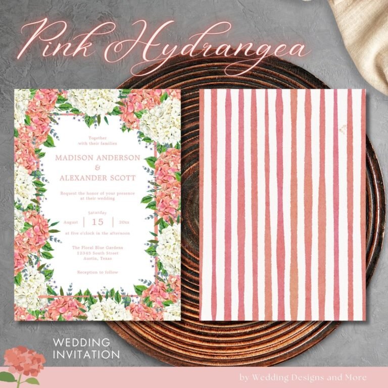 Pink Stripes Greenery Pink Hydrangeas Wedding Invitation