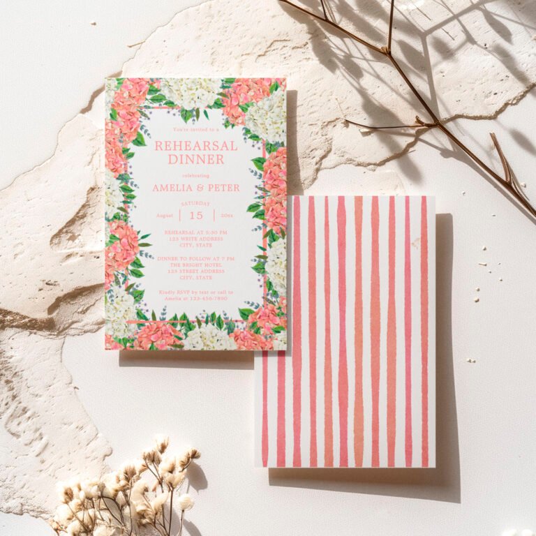 Pink Stripes Hydrangeas Wedding Rehearsal Dinner Invitation